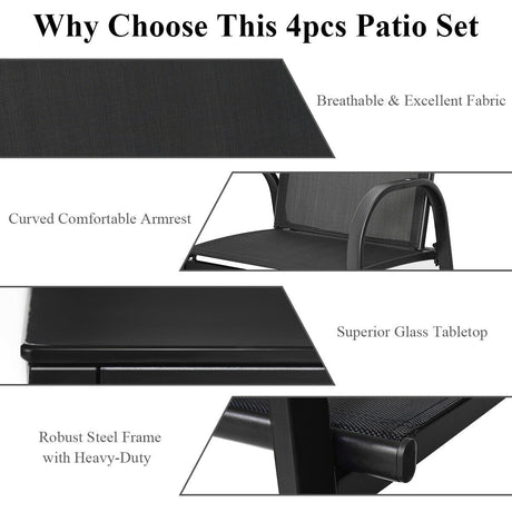 Juego de Muebles de Patio de 4 Piezas con Mesa de Centro con Cubierta de Vidrio
