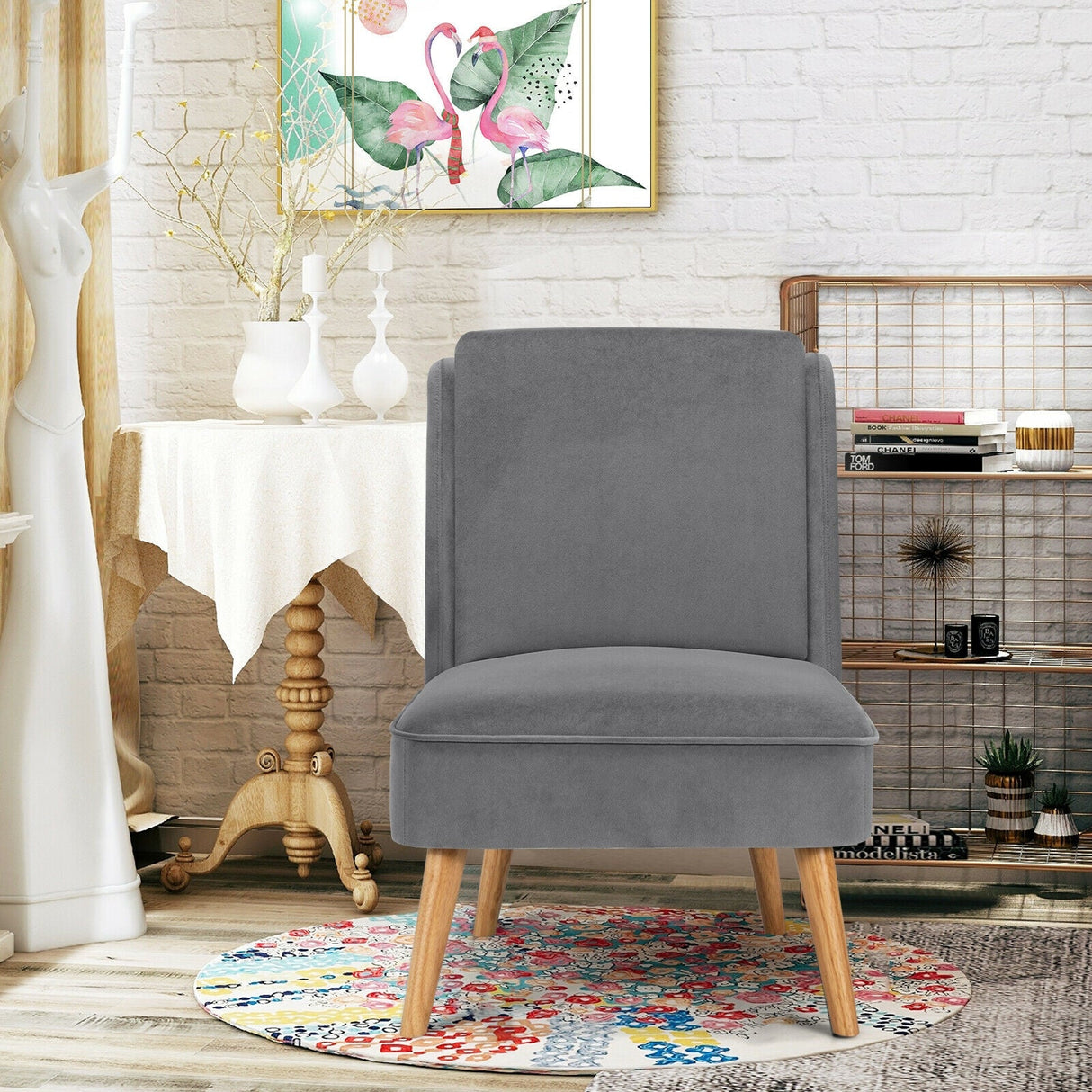 Sillón auxiliar sin brazos de terciopelo con patas de madera de caucho para dormitorio