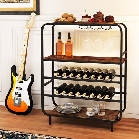 Botellero de 16 botellas con estante de vino de 5 niveles y soportes para copas para barra de cocina - Marrón rústico
