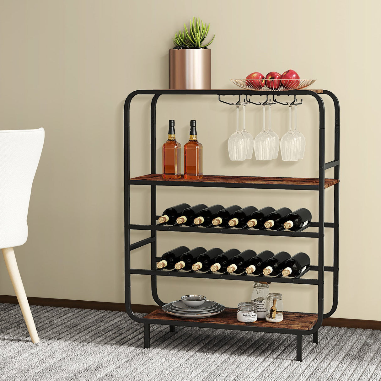 Botellero de 16 botellas con estante de vino de 5 niveles y soportes para copas para barra de cocina - Marrón rústico