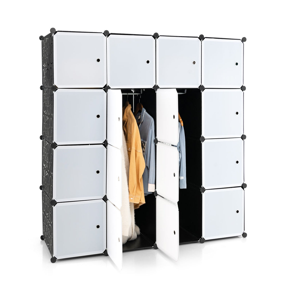 Organizador de almacenamiento de 16 cubos con 16 puertas y 2 barras para colgar - Negro