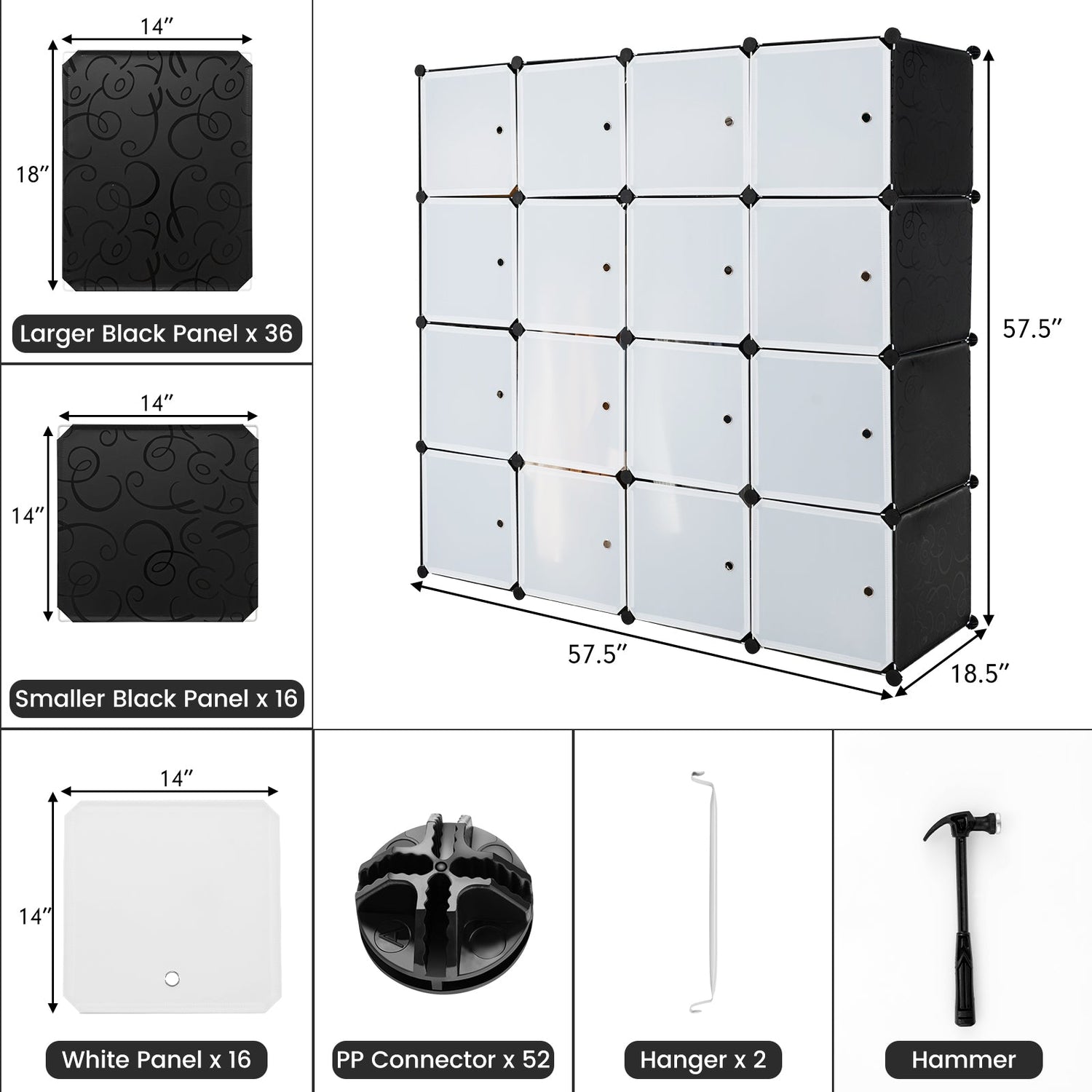 Organizador de almacenamiento de 16 cubos con 16 puertas y 2 barras para colgar - Negro