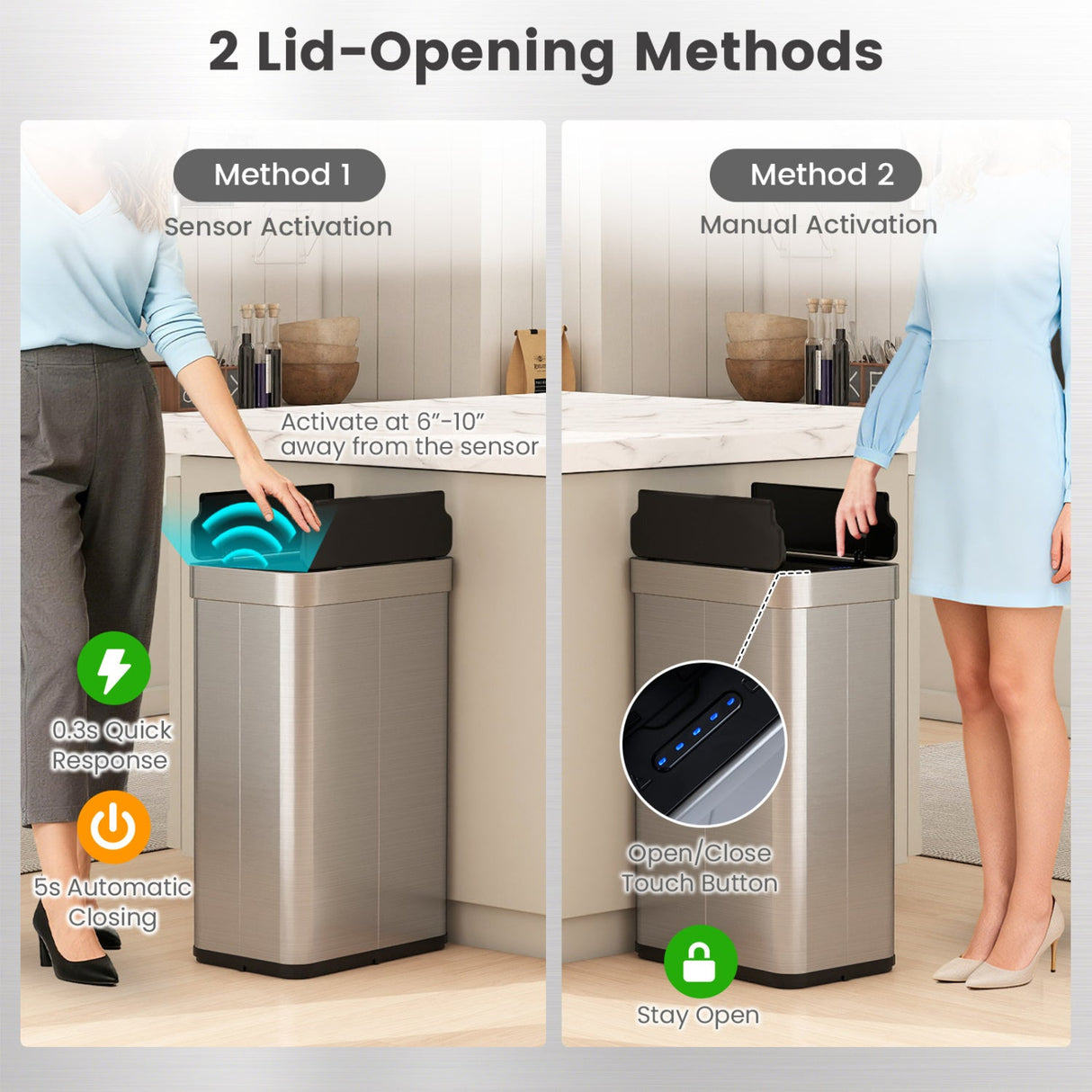 Cesto de basura de 60 litros con tapas abatibles para dormitorio, baño, cocina - Plateado
