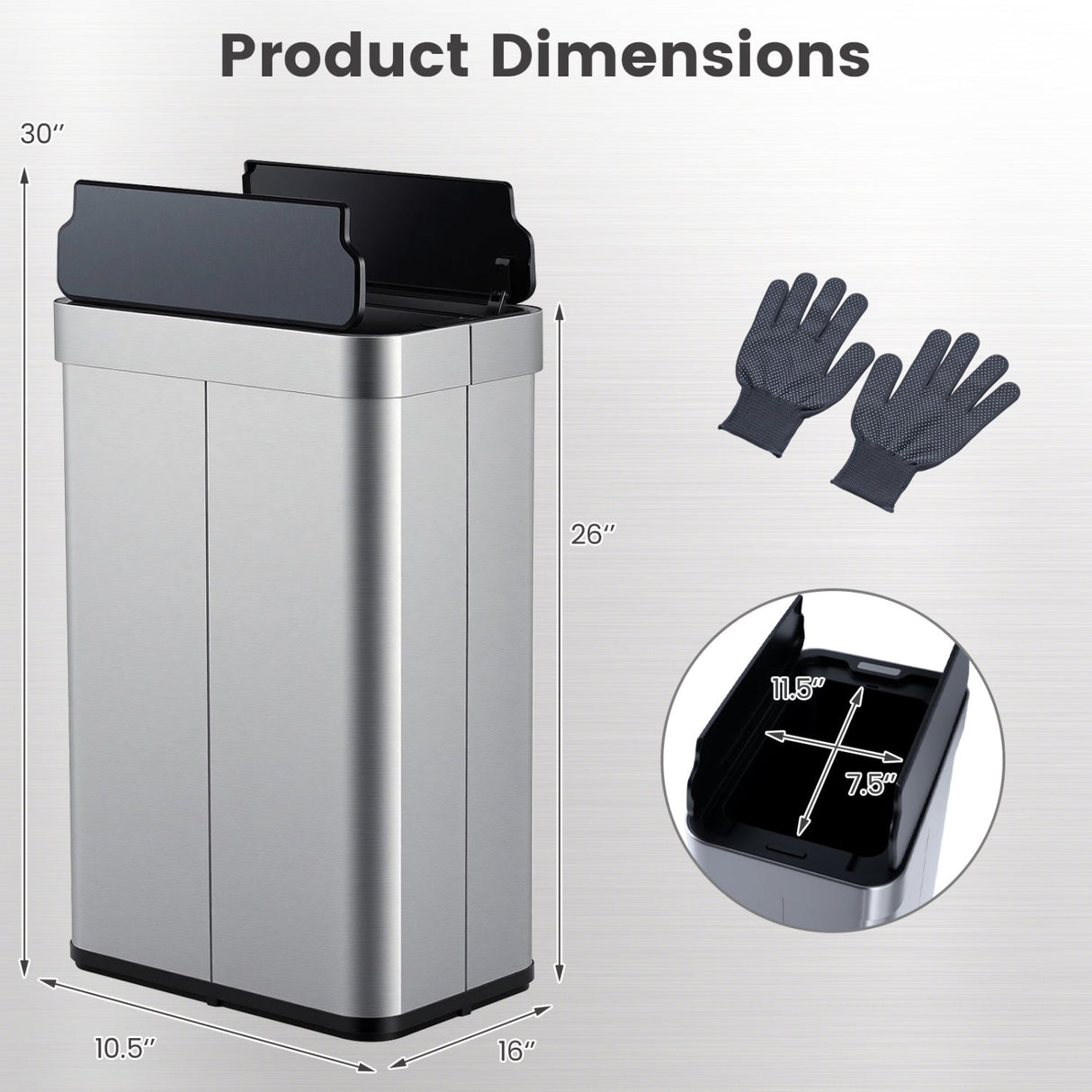 Cesto de basura de 60 litros con tapas abatibles para dormitorio, baño, cocina - Plateado
