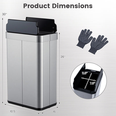 Cesto de basura de 60 litros con tapas abatibles para dormitorio, baño, cocina - Plateado