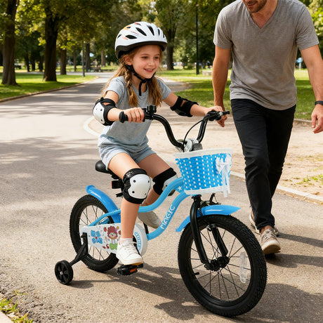 Bicicleta para niños de 12/14/16 pulgadas con ruedas de entrenamiento y cesta, color azul marino