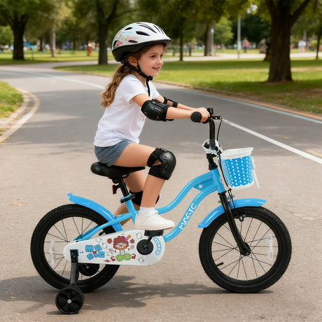 Bicicleta para niños de 12/14/16 pulgadas con ruedas de entrenamiento y cesta, color azul marino