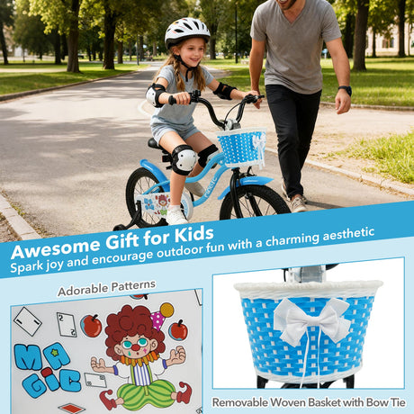 Bicicleta para niños de 12/14/16 pulgadas con ruedas de entrenamiento y cesta, color azul marino