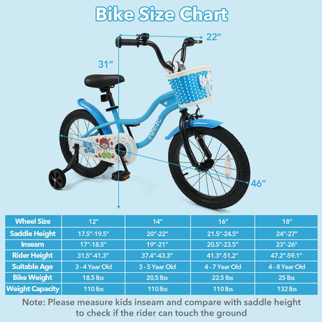 Bicicleta para niños de 12/14/16 pulgadas con ruedas de entrenamiento y cesta, color azul marino