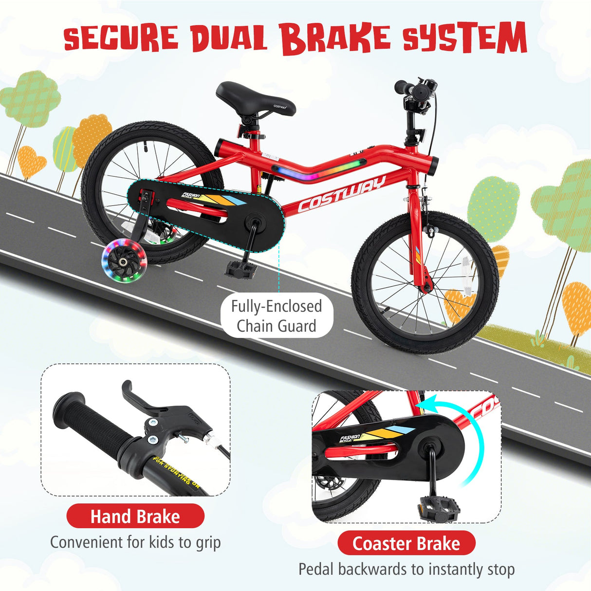 Bicicleta infantil de 18 pulgadas con luces LED, de acero al carbono ajustable para niños de 4 a 8 años - 18 pulgadas