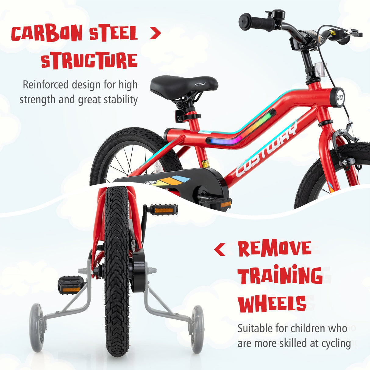 Bicicleta infantil de 18 pulgadas con luces LED, de acero al carbono ajustable para niños de 4 a 8 años - 18 pulgadas