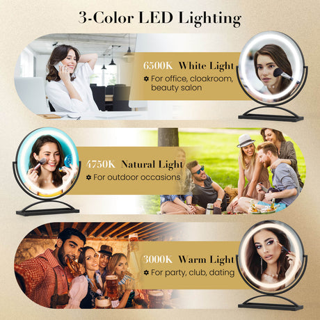 Espejo de Tocador Redondo de 16 Pulgadas con Iluminación LED Regulable de 3 Colores
