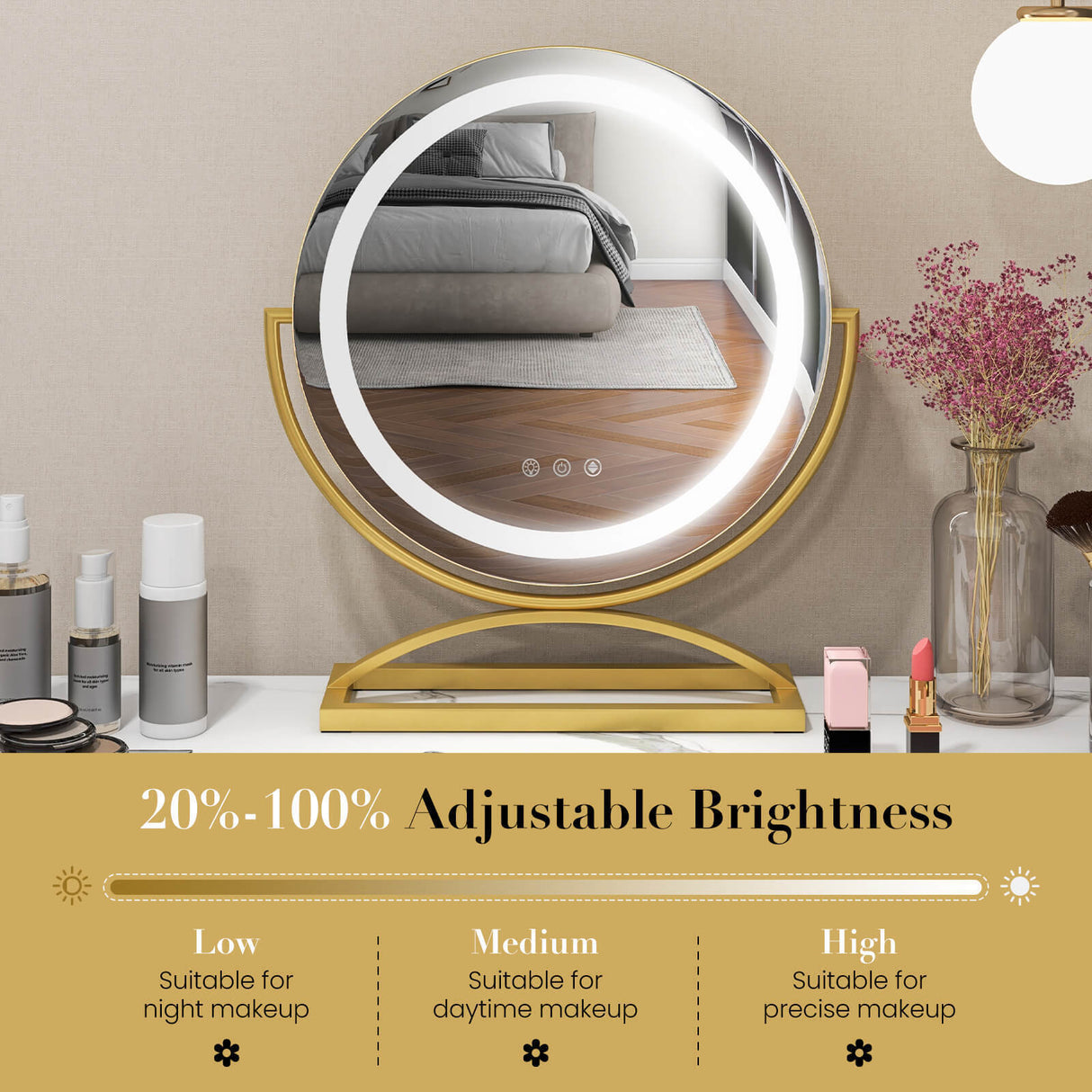 16 Inch Round Makeup Vanity Mirror with 3 Color Dimmable LED Lighting