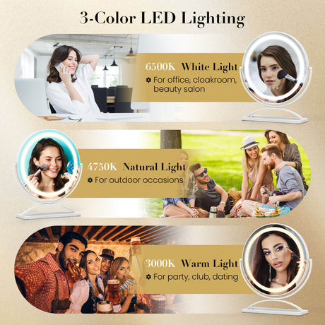 Espejo de Tocador Redondo de 16 Pulgadas con Iluminación LED Regulable de 3 Colores
