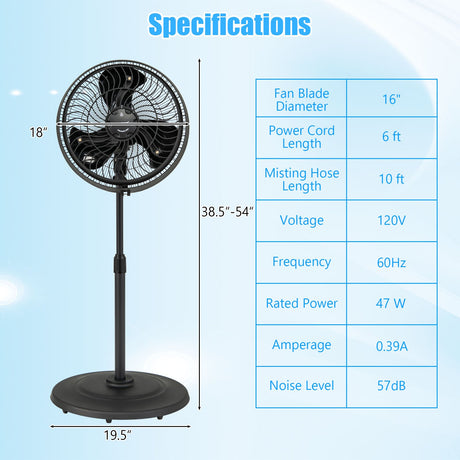 Ventilador de Pedestal Oscilante de 16 Pulgadas con Nebulizador Exterior y 3 Niveles de Niebla - Negro