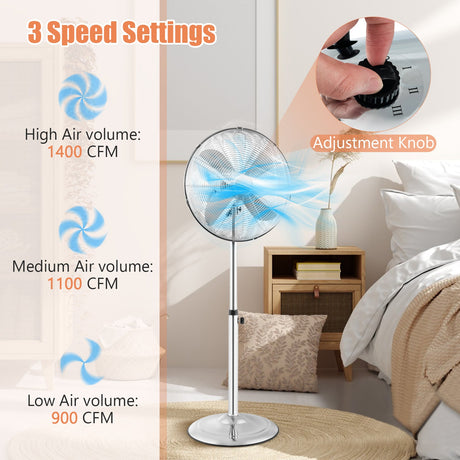 Ventilador de Pedestal Oscilante de 16 Pulgadas con 3 Velocidades y Altura Ajustable