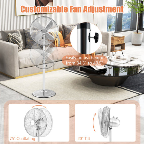 Ventilador de Pedestal Oscilante de 16 Pulgadas con 3 Velocidades y Altura Ajustable