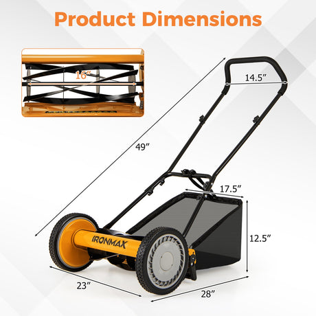 Cortadora de césped manual de 16 pulgadas con 5 cuchillas de acero y bolsa recolectora de césped