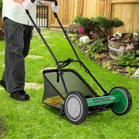 Cortadora de césped manual de 16 pulgadas con 5 cuchillas de acero y bolsa recolectora de césped