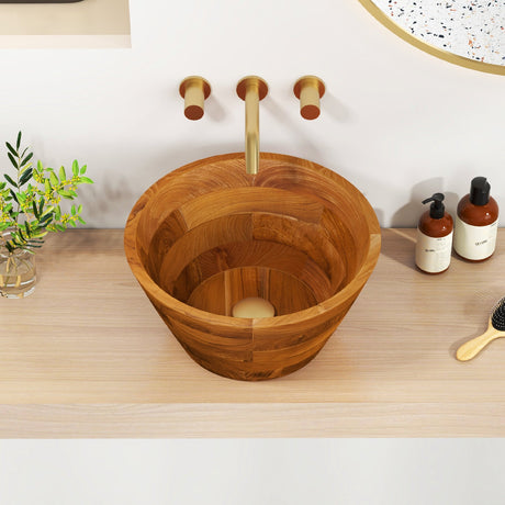 Lavabo de madera de teca de 16 pulgadas con orificio de drenaje y acabado liso