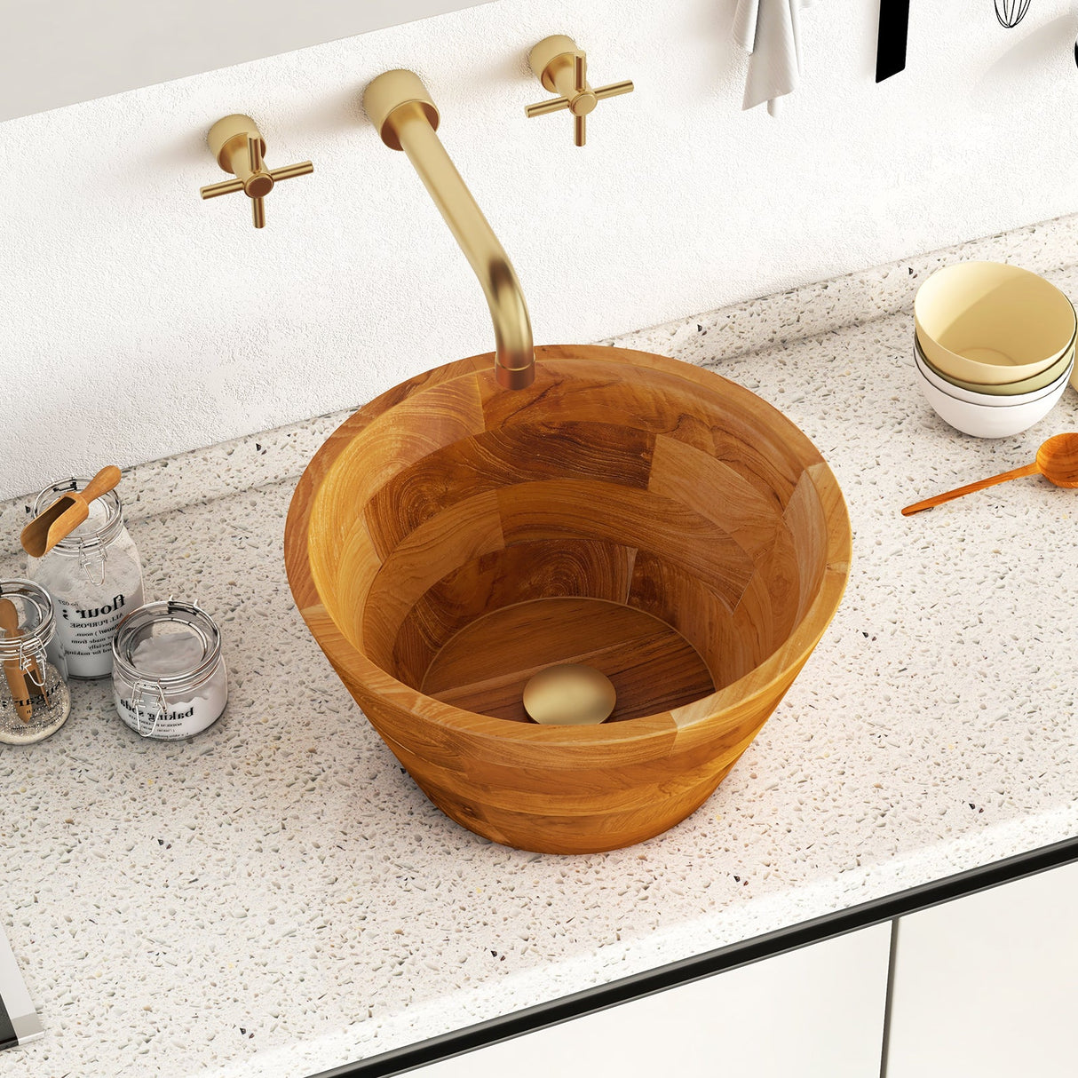 Lavabo de madera de teca de 16 pulgadas con orificio de drenaje y acabado liso