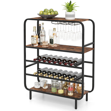 Botellero de 16 botellas con estante de vino de 5 niveles y soportes para copas para barra de cocina - Marrón rústico