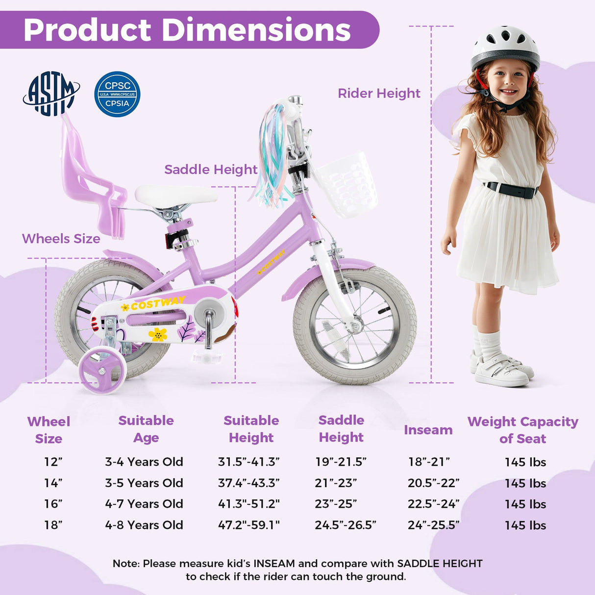 Bicicleta para niñas de 18 pulgadas con asiento para muñecas y serpentinas para niños de 4 años