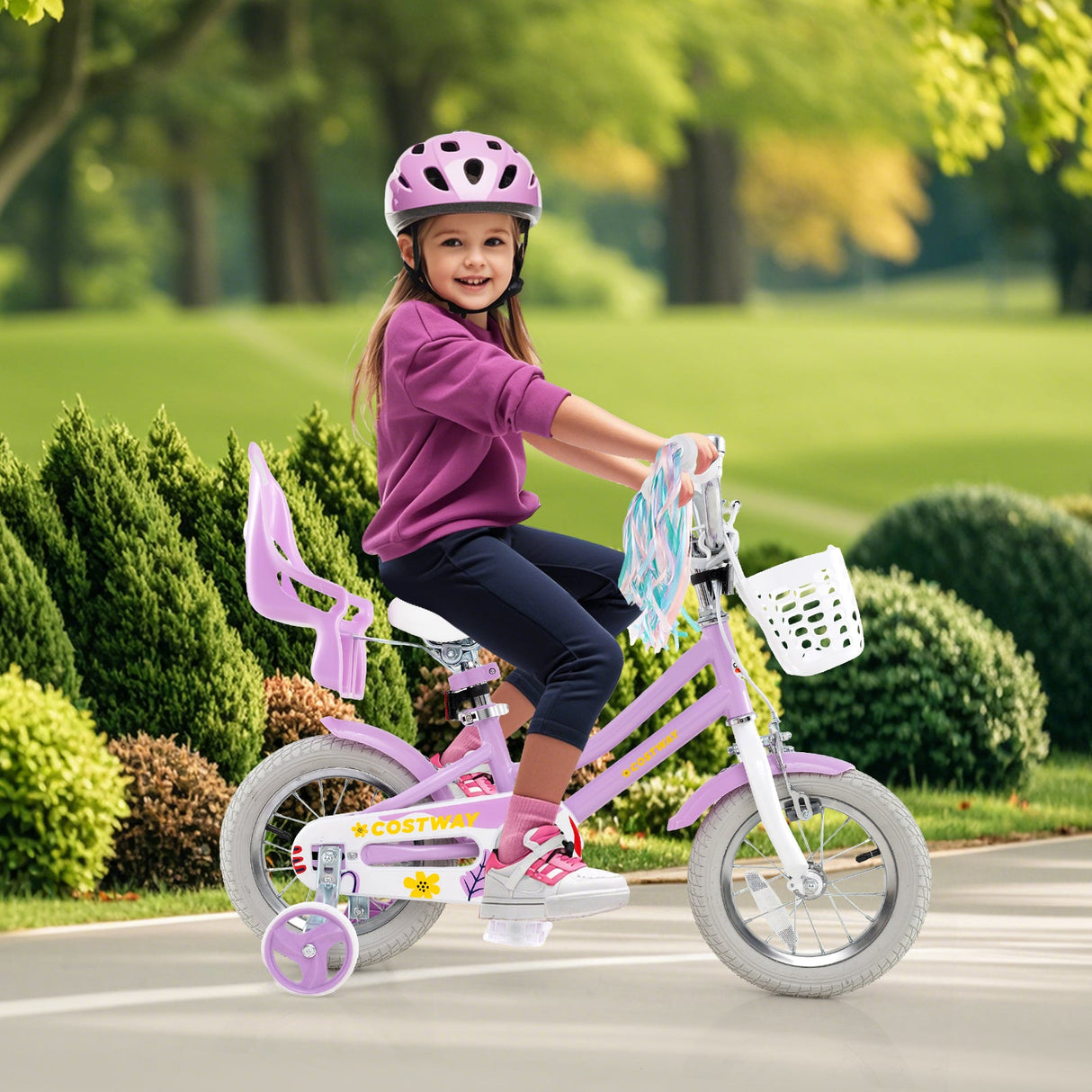 Bicicleta para niñas de 18 pulgadas con asiento para muñecas y serpentinas para niños de 4 años