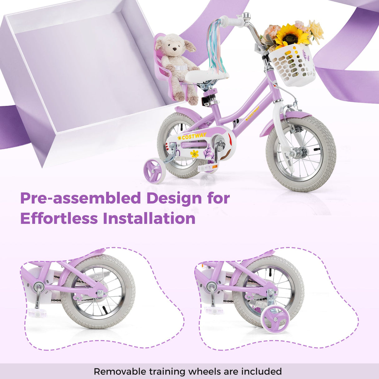 Bicicleta para niñas de 18 pulgadas con asiento para muñecas y serpentinas para niños de 4 años