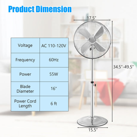 Ventilador de Pedestal Oscilante de 16 Pulgadas con 3 Velocidades y Altura Ajustable