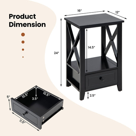 Mesita de noche multifuncional de 2 niveles con cajón de almacenamiento de 16 x 14 pulgadas