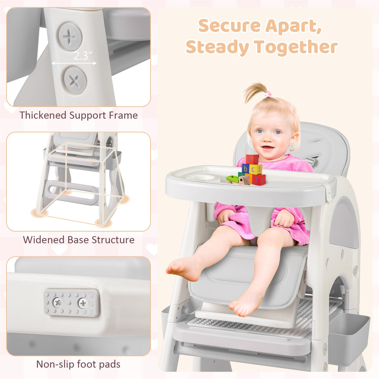 Trona convertible para bebé con bandeja de doble capa y respaldo ajustable