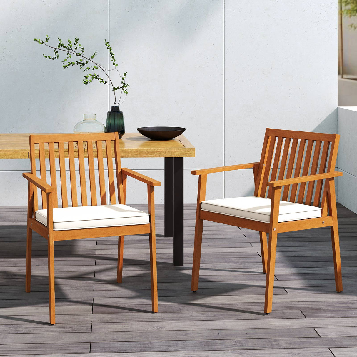 2 Sillas de comedor de patio Sillas de exterior de madera de acacia con cojín acolchado extraíble