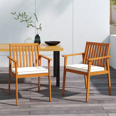 2 Sillas de comedor de patio Sillas de exterior de madera de acacia con cojín acolchado extraíble