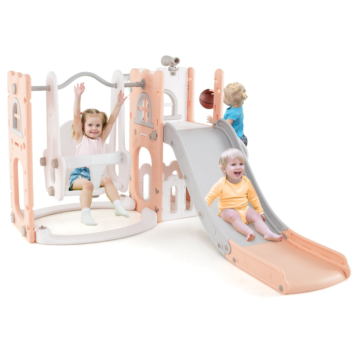 Columpio y tobogán para niños pequeños 7 en 1, en forma de L, con escalera y canasta de baloncesto