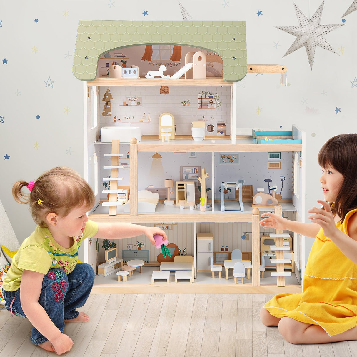 Casa de muñecas de madera para niños, casa de juegos de simulación con 33 accesorios de muebles - Verde