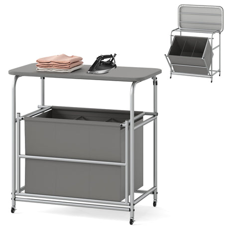 Clasificador de ropa de 3 secciones con tabla de planchar plegable y ruedas con bloqueo - Gris