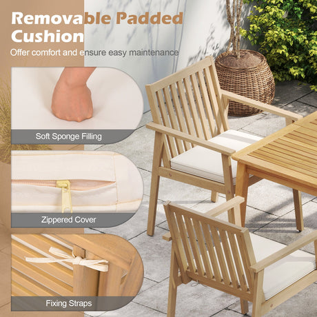 2 Sillas de comedor de patio Sillas de exterior de madera de acacia con cojín acolchado extraíble