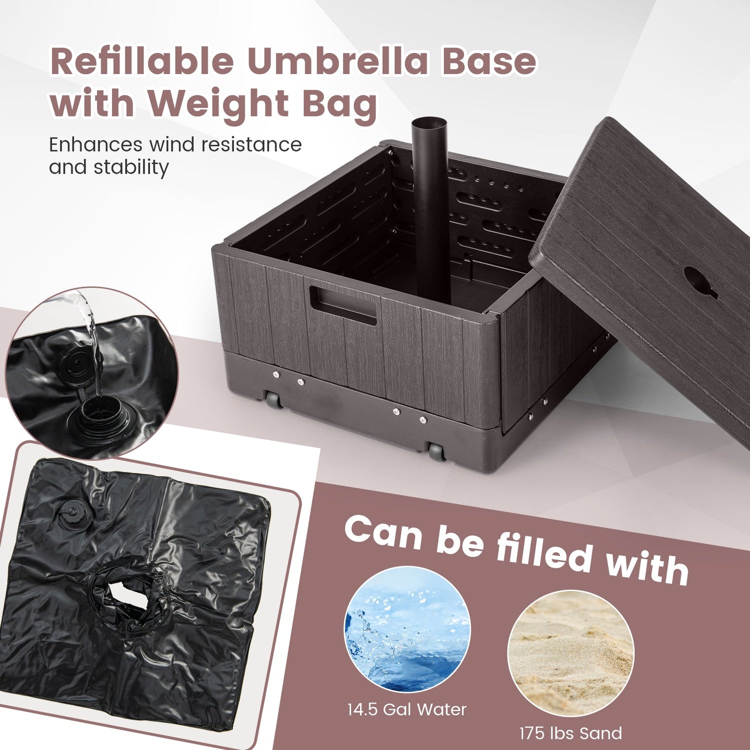 Base de sombrilla rellenable para exteriores de 175 libras con bandeja de mesa - Marrón