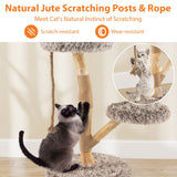 Árbol rascador moderno para gatos de madera con percha y postes rascadores de yute natural - Marrón