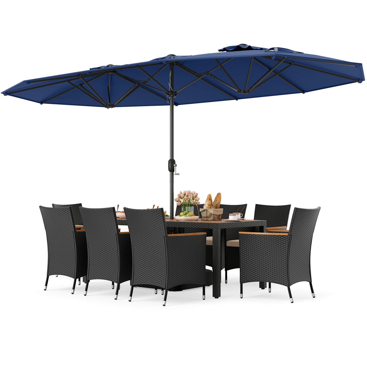 Juego de comedor para exteriores de 10 piezas con sombrilla doble de 4.5 metros