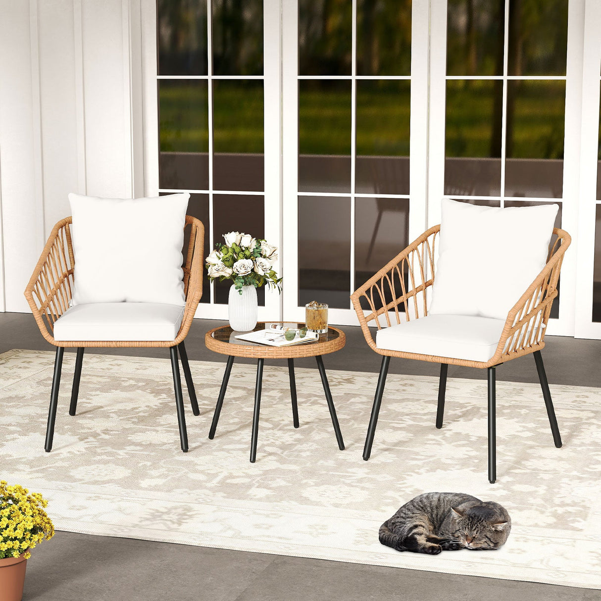 Juego de bistro de 3 piezas para patio con estructura de metal de alta resistencia - Beige