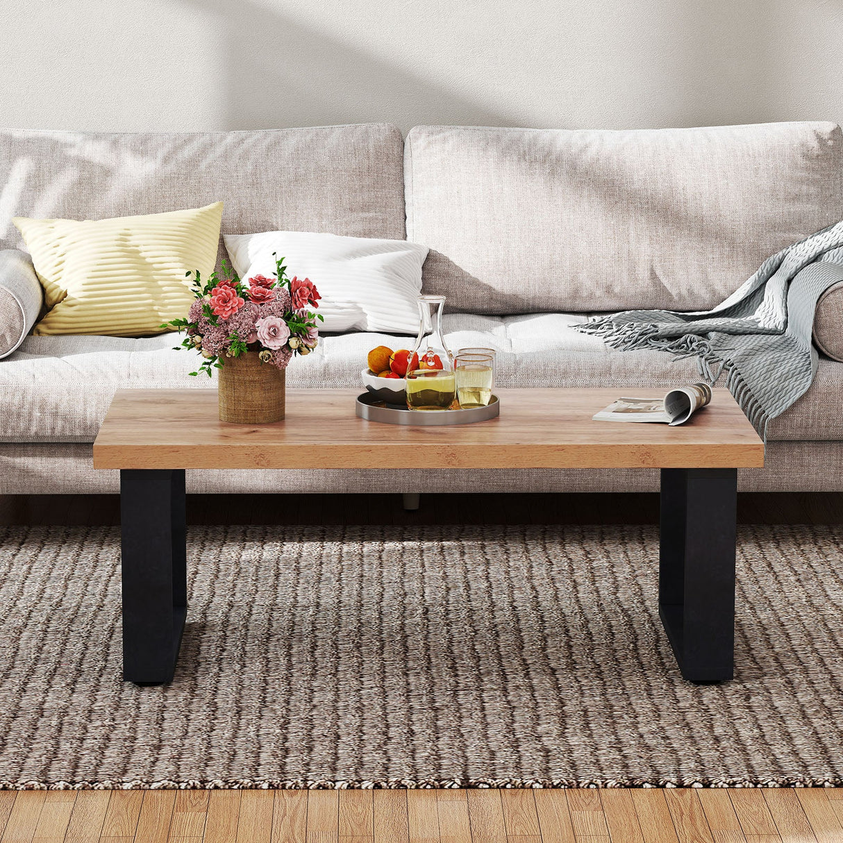 Mesa de centro rústica estilo granja de 47 pulgadas con tablero engrosado y textura de madera natural - Roble