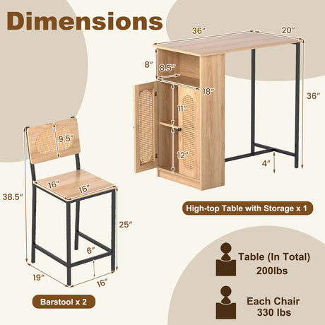 Juego de mesa y 2 sillas de bar de 3 piezas con estantes de almacenamiento y reposapiés-Natural