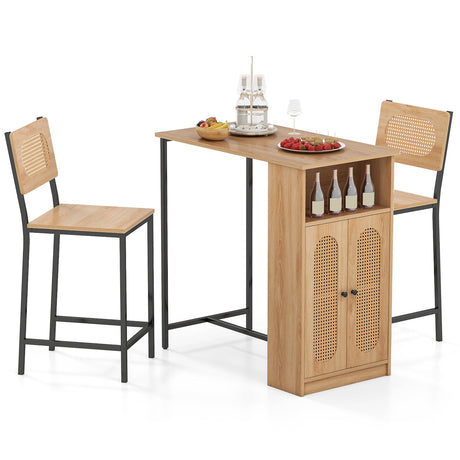 Juego de mesa y 2 sillas de bar de 3 piezas con estantes de almacenamiento y reposapiés-Natural