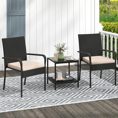 Juego de muebles de patio de 3 piezas con cojines de asiento y mesa con cubierta de vidrio templado