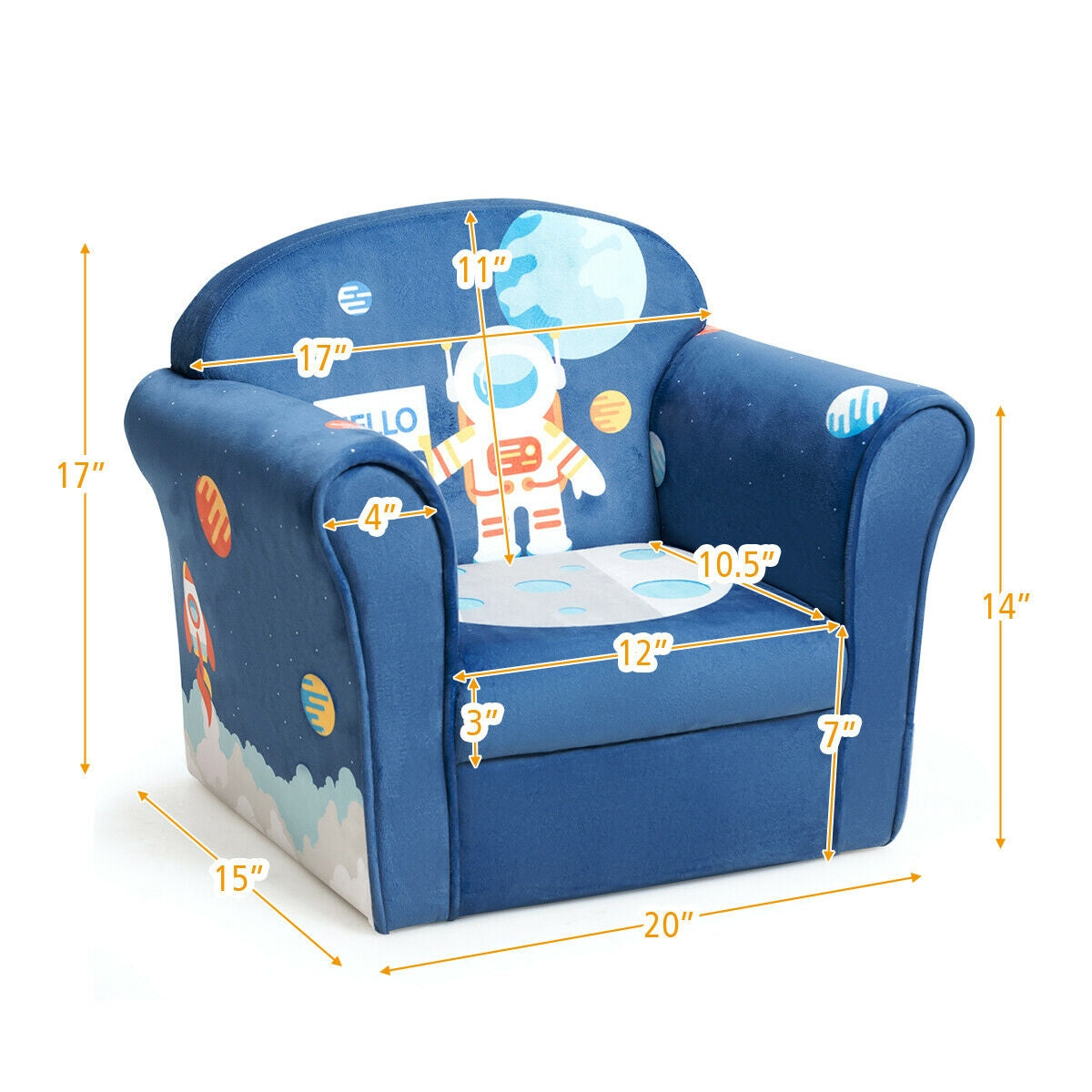 Sofá tapizado infantil con reposabrazos de astronauta