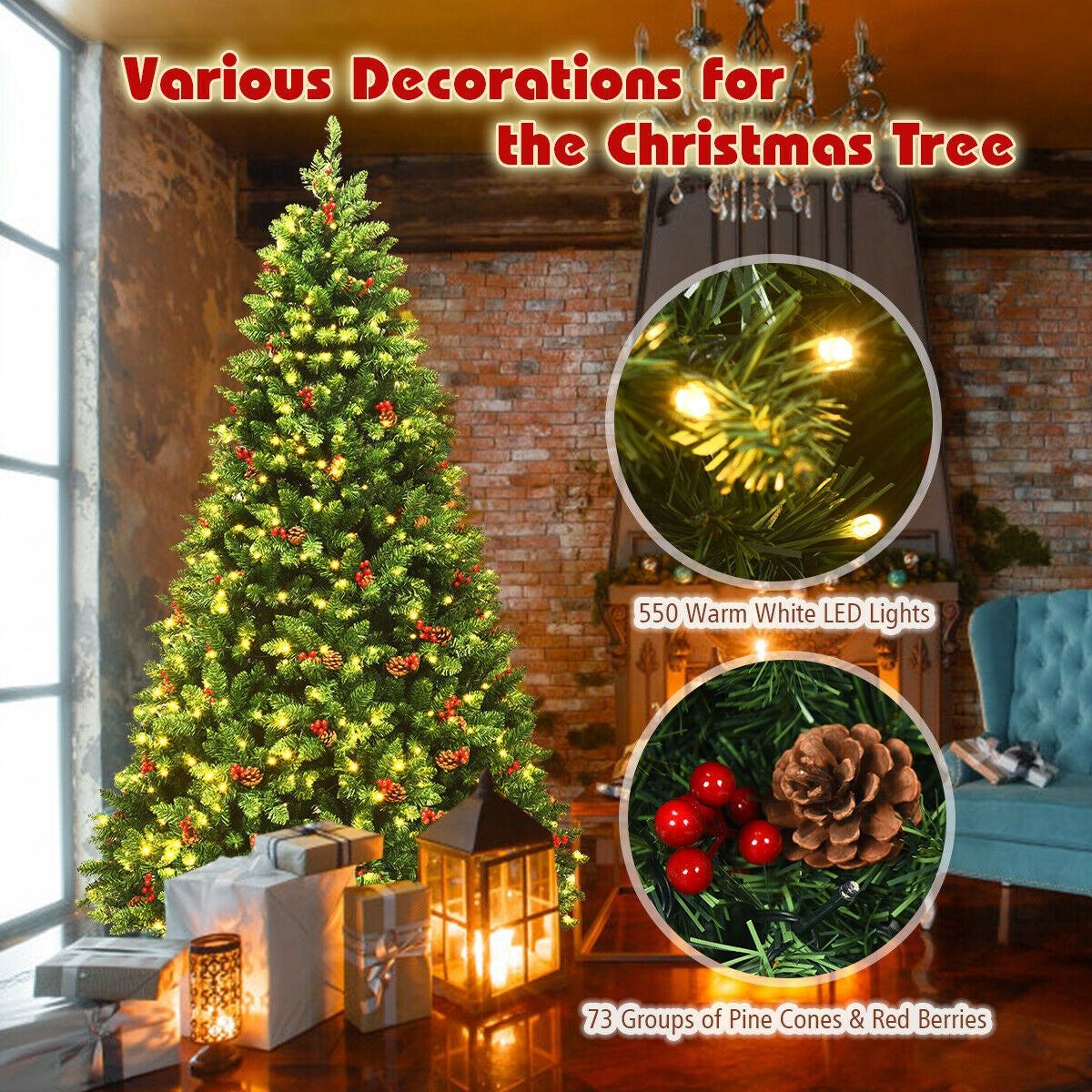 Árbol de Navidad Preiluminado con Bisagras de 2,29 m con 550 Luces LED y Soporte de Metal Robusto