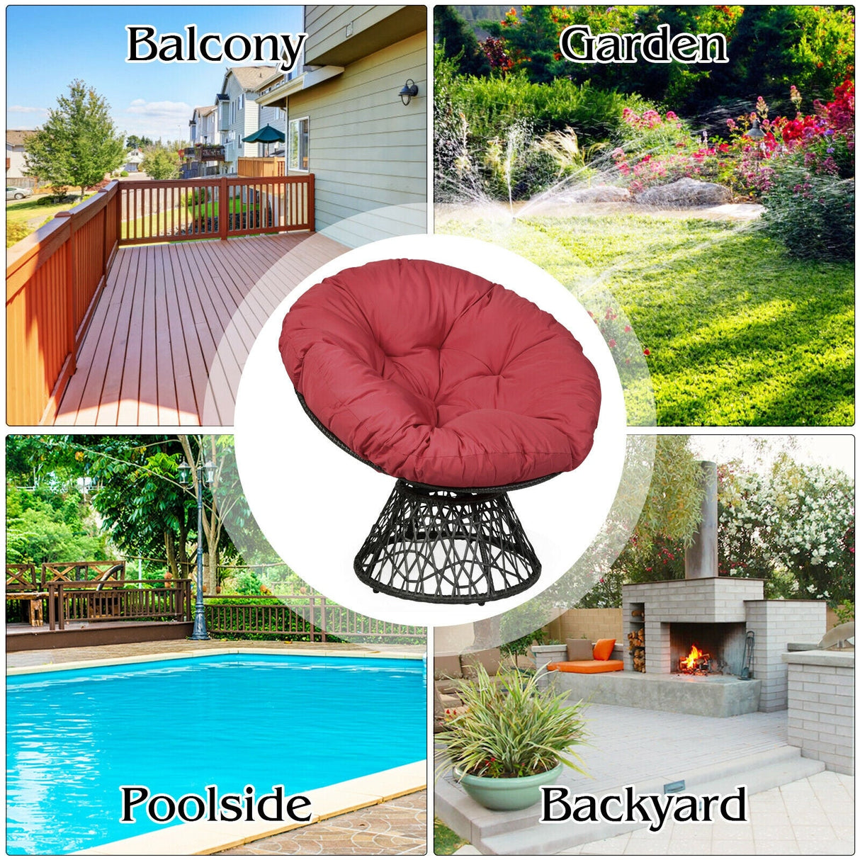 Sillón Papasan de Ratán Ergonómico Giratorio 360 Grados Cojín Suave para Jardín