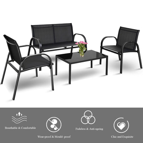 Juego de Muebles de Patio de 4 Piezas con Mesa de Centro con Cubierta de Vidrio